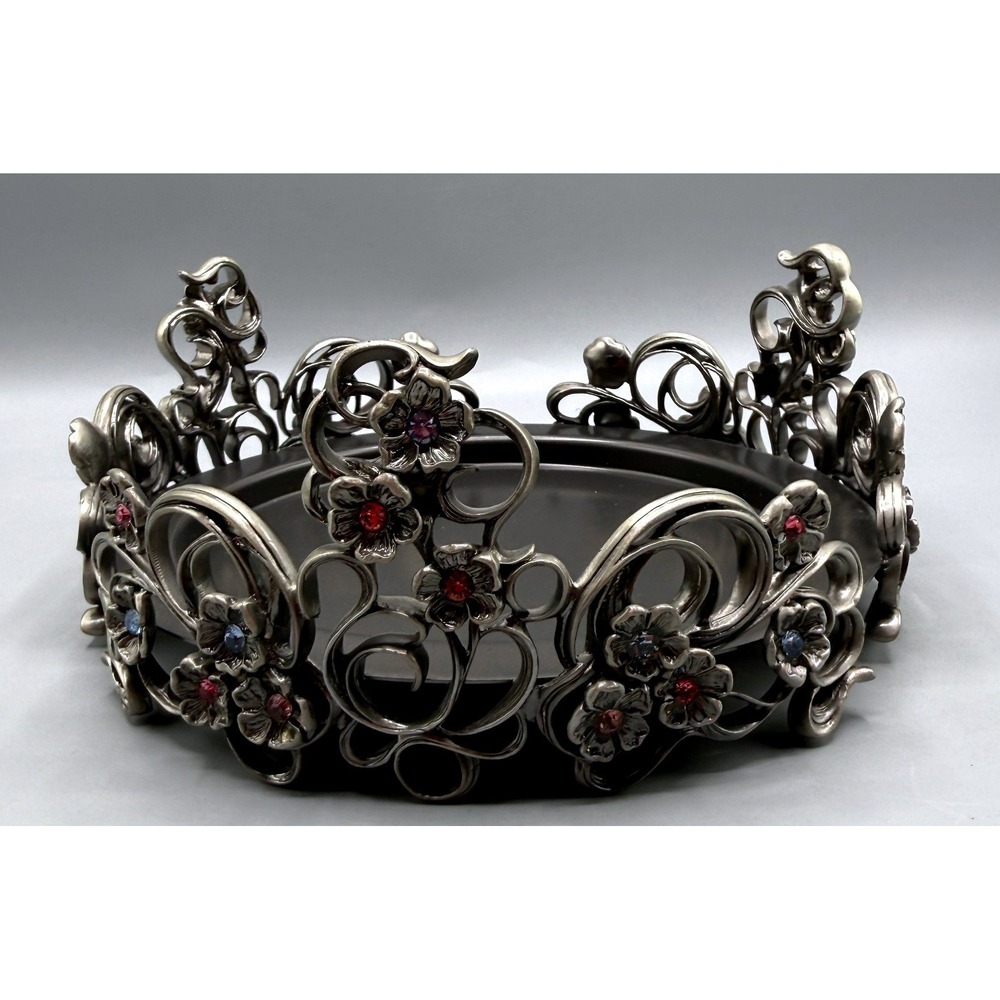 PartyLite Jewels 3 Wick Candle Holder Pewter Metal Ornate Floral Jeweled Crown